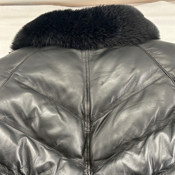 Black Leather Puffer Jacket with Fur Collar 3XL - Picture 15 of 16